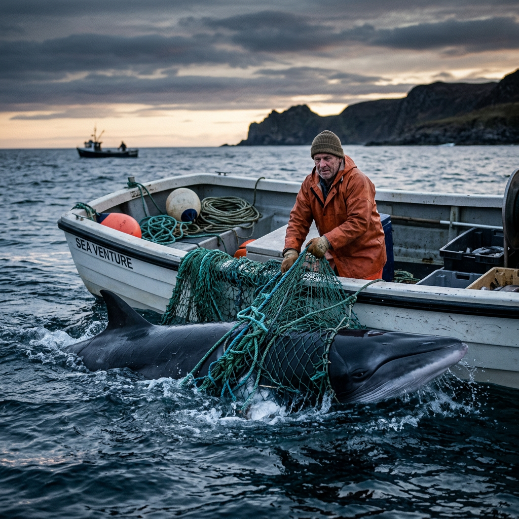 Fisherman handling a shark tangled in fishing net beside a boat
